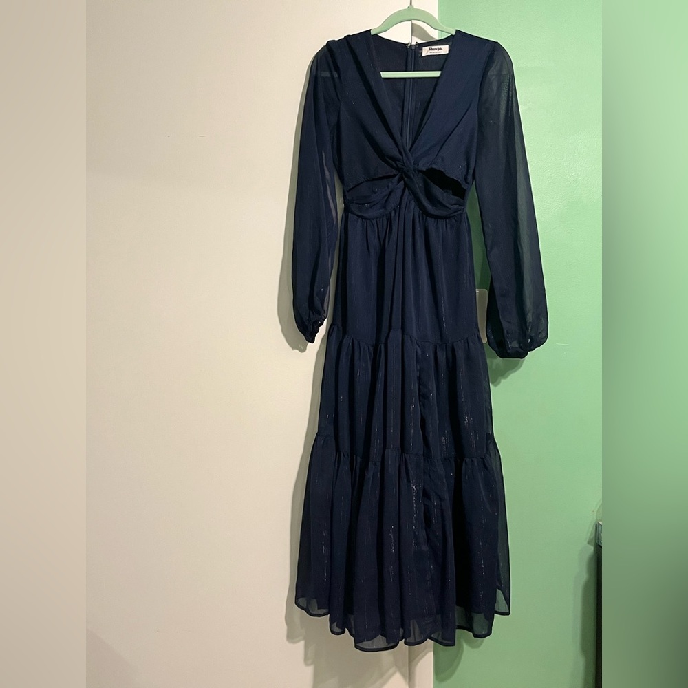 Navy Blue Midi Wedding Guest Dress - Picture 2 of 8
